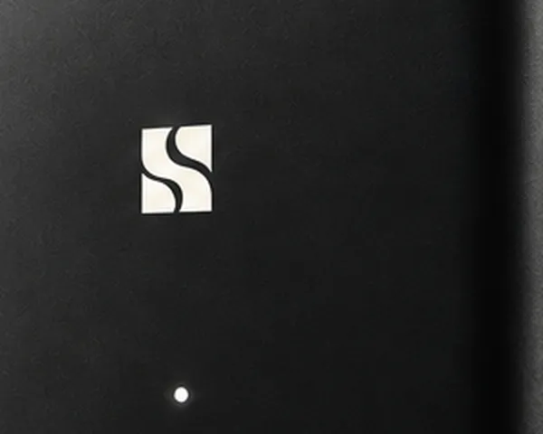 Concept render: close crop of the server's front panel with the S monogram